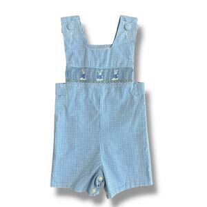 Amanda‎ Remembered Blue Gingham Bunny Smocked Shortall 18M Handmade Boys Easter